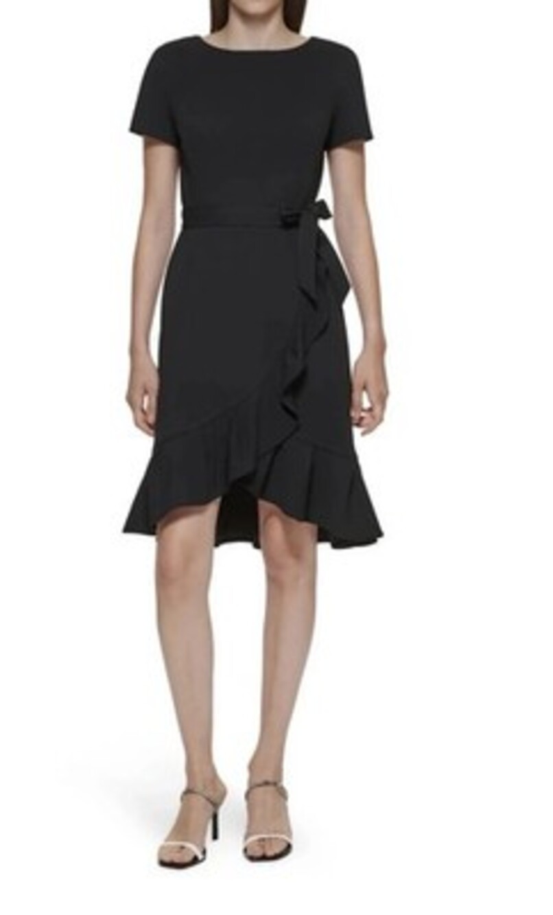 NWT Calvin Klein Black Ruffle Hem Tier Midi Dress Belted Short Sleeve Size 12